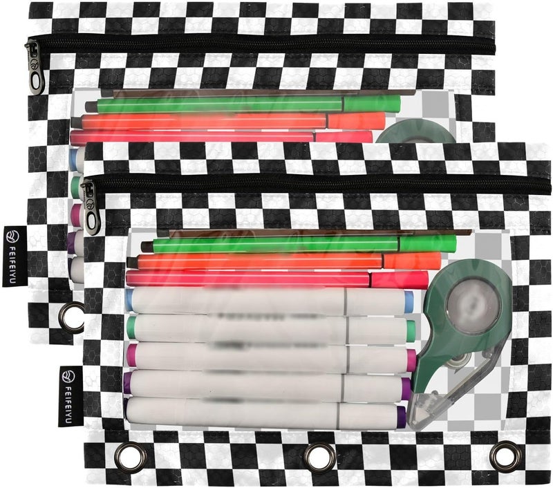 BOENLE Black White Checkered Pattern Pencil Pouch for 3 Ring Binder, 2 Pack Waterproof Pencil Bags Clear Window Pencil Case Zipper School Office Supplies - Image 2